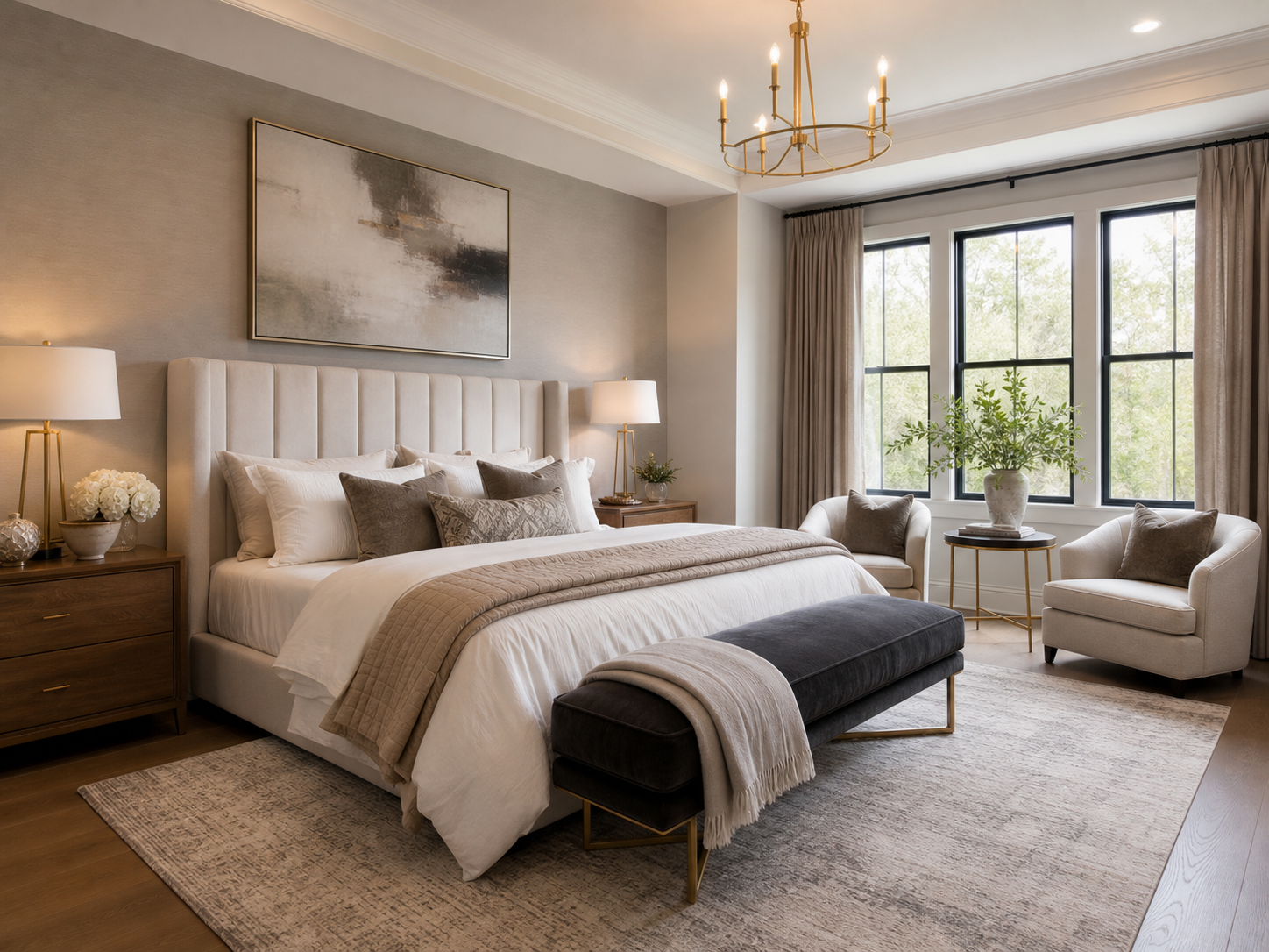High-end staged primary bedroom suite for a DFW home sale